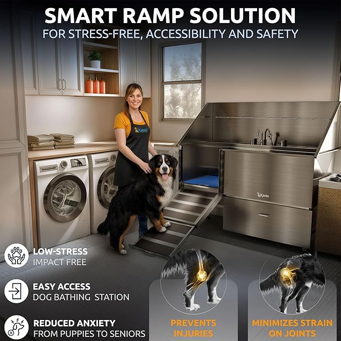 KANIS Professional Dog Washing Station - 304 Stainless Steel Pet Wash Sink & Grooming Bath Tub for Home with Ramp, Shower, Floor Grate, Storage Drawer, Faucet, Drain Kit for Large, Medium & Small Pets