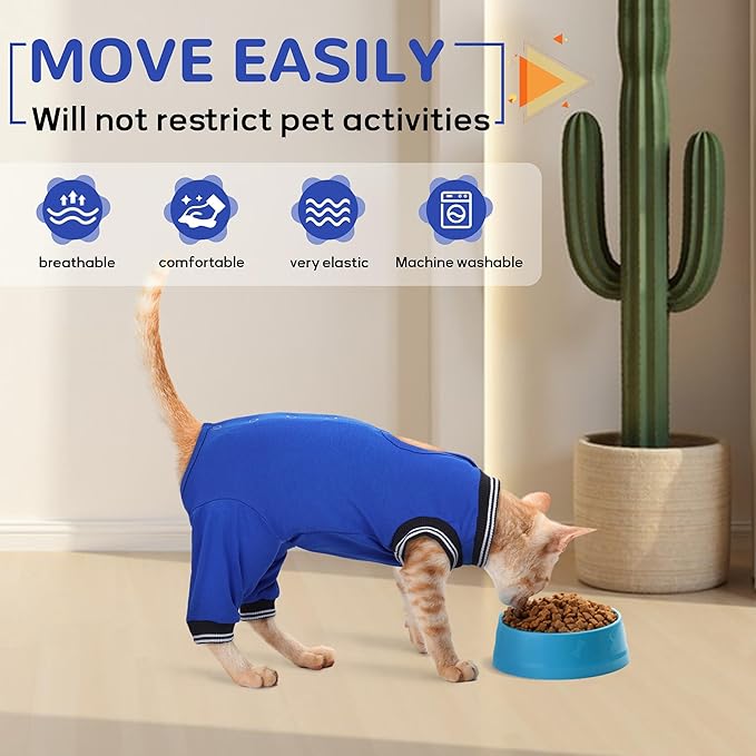 PUMYPOREITY Cat Recovery Suit for Hind Legs, Cat Surgical Spay Suit with Leg Sleeves to Stop Licking, Long Rear Sleeve Wound Cover Abdomen Kitten Onesie, Blue, XL