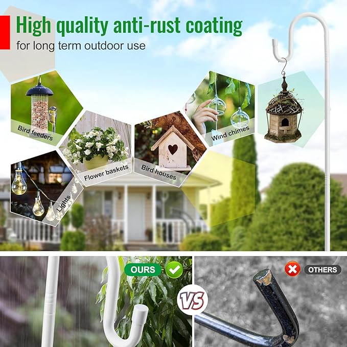 Hummingbird Feeder Stand - 62" Heavy Duty Bird Feeder Pole with Adjustable Anti-Tip Stake, Rustproof Shepards Hook with Hanger for Birdfeeders, Wind Chimes, Lanterns, Holiday Decor - White