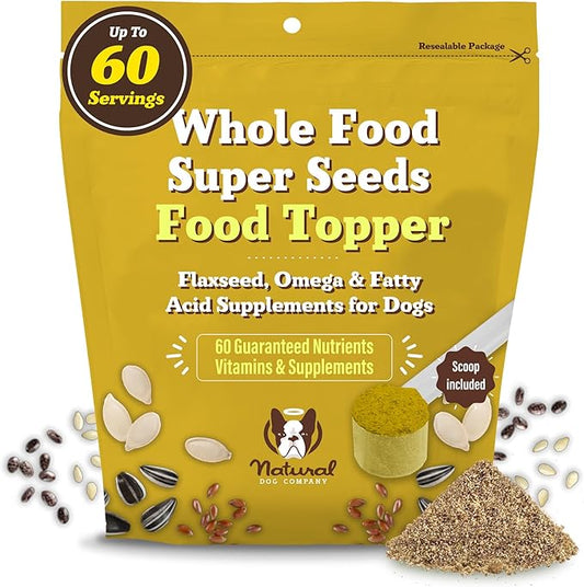 Natural Dog Company Super Seeds Food Topper, Omega-Rich, Natural Dog Multivitamin, Superfood Supplement, Dog Coat and Skin Health, Grain-Free Supplement, Daily Nutrition Boost, 8 Oz