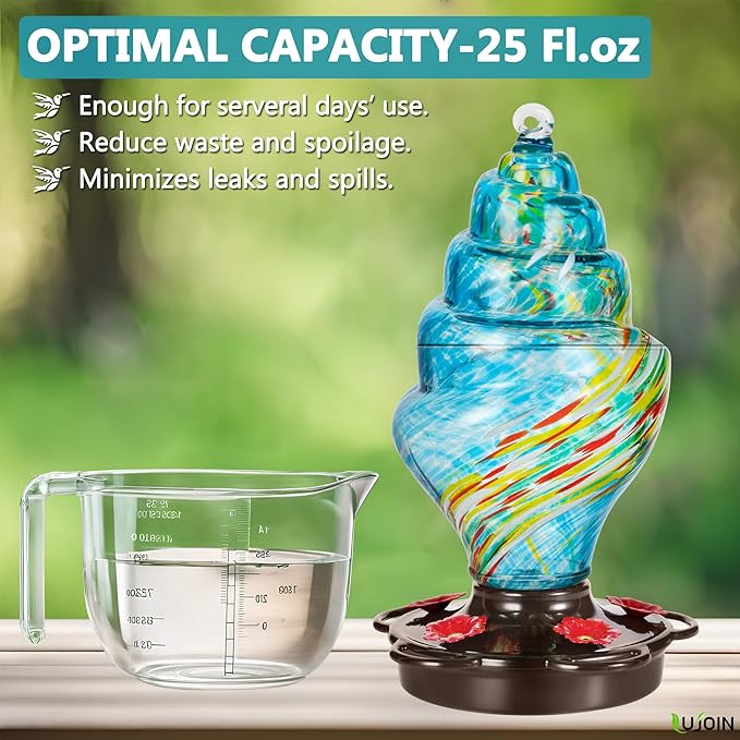 Spiral Shaped Hummingbird Feeder for Outdoors, Hand Blown Glass, 25 fl.oz, Leak Proof & Rustproof, Includes an Ant Moat, Metal Cover with 5 Feeding Ports & 5 Perches, Blue