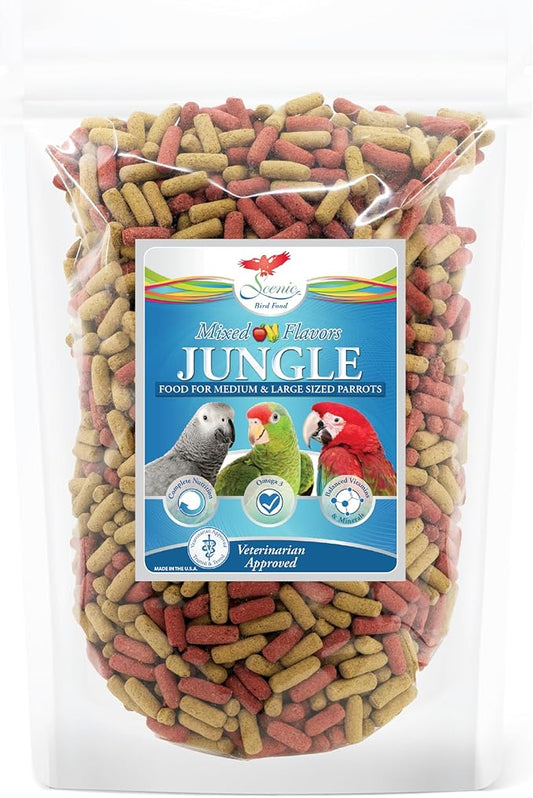 Scenic Mix Jungle Premium Parrot Food - Apple & Natural Flavors, High Protein, Low Iron Bird Pellets for Large Parrots, Macaw Food, Cockatoo, African Grey Parrots, Omega 3, Vitamins, Minerals, 2 LB