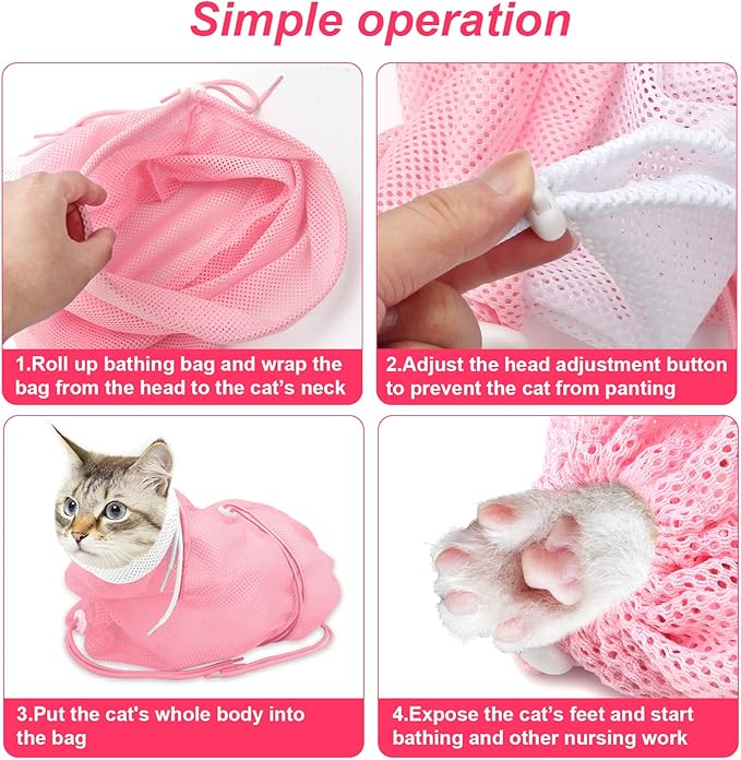 Breathable Mesh Shower Bag - Anti Scratch Adjustable Grooming for Nail Trimming, Bathing - Polyester Soft Cat Washing (White-Pink)