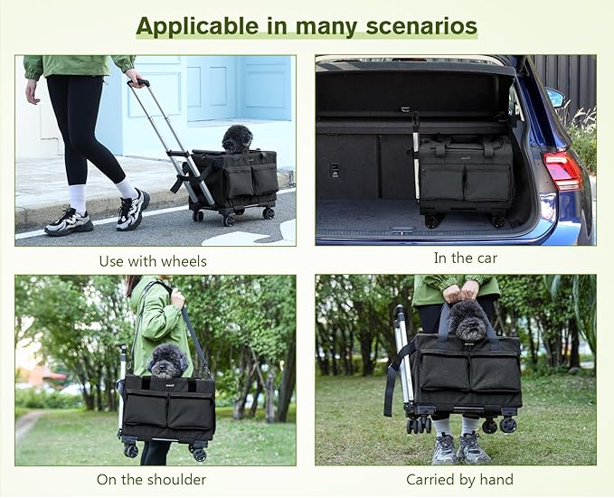 Pecute Cat Carrier with Wheels,Steel Wire Frame Cat Carrier, Stable Pet Trolley Bag for Cats, Pet Handbag and Stroller, Portable Cat Carrier Bag for Car Travel Bus Subway, Dark Grey