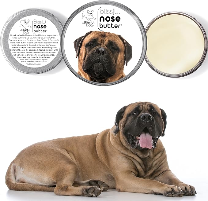 The Blissful Dog Bullmastiff Nose Butter for Dry, Cracked Skin, Lick-Safe Dog Nose Balm with Moisturizing Shea Butter, Almond, Olive, and Essential Oils, Pet Supplies, Uncented, 2 oz.