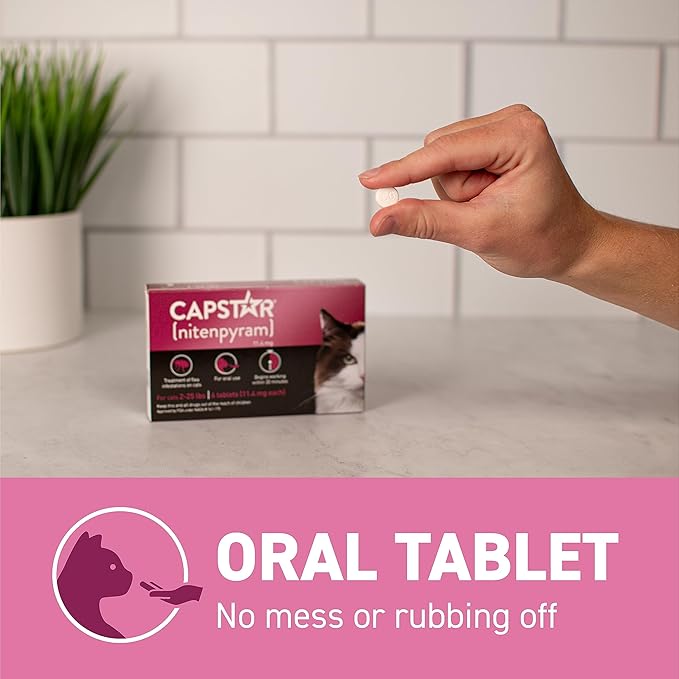 Capstar (nitenpyram) for Cats, Fast-Acting Oral Flea Treatment for Cats 2-25 lbs, Vet-Recommended Flea Medication Tablets Start Killing Fleas in 30 Minutes, 12 Doses