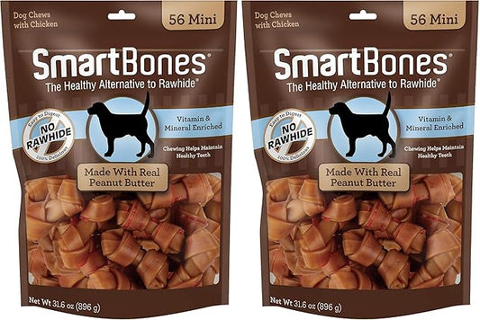 SmartBones Mini Bones with Real Peanut Butter 56 Count, Rawhide-Free Chews for Dogs (Pack of 2)