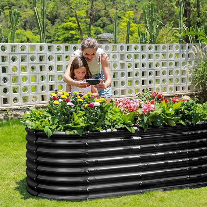 Land Guard Galvanized Planter Raised Beds, 6×3×2ft Galvanized Water Trough, Keyhole Raised Garden Bed Metal (Dark Gray)