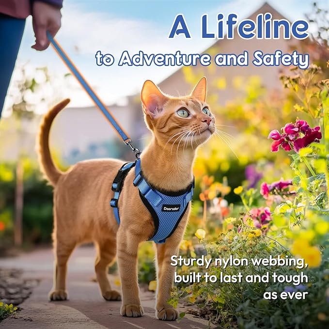 Dooradar Cat Harness and Leash Set, Escape Proof Safe Adjustable Kitten Vest Harnesses for Walking, Easy Control Soft Breathable Mesh Jacket with Reflective Strips for Cats, Blue, XXS
