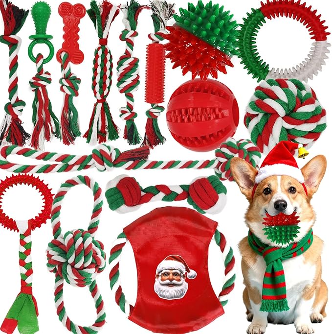 Dog Toys 15 Pack for Teeth Cleaning and Fun, Puppy Teething Chew Toys Tug Rope Squeaky Treat Balls & Rubber Tous Bulk– Variety Dog Gifts Set Reduce Anxiety & Save Furniture, Christmas