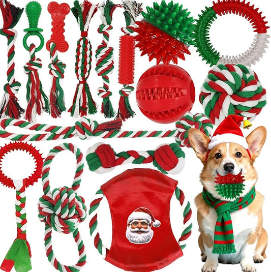 Dog Toys 15 Pack for Teeth Cleaning and Fun, Puppy Teething Chew Toys Tug Rope Squeaky Treat Balls & Rubber Tous Bulk– Variety Dog Gifts Set Reduce Anxiety & Save Furniture, Christmas