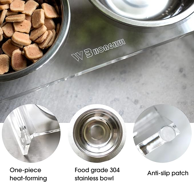 Tilted Raised Elevated Food and Water Bowls Stand for Cat or Small Dogs - Puppy's Clear Acrylic Stainless Steel Dishes Holder for Boy or Girl Pet,Modern,Durable and Easy to Clean by WBhonghui (Clear)