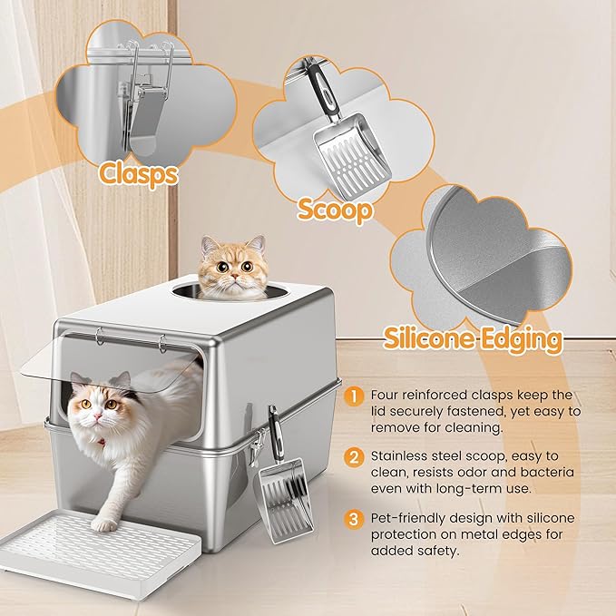 Enclosed Stainless Steel Litter Box with Lid, Enclosed Metal with High Sides, Large Cat Litter Box, Dog-Proof, Odor Control, Easy to Clean,Durable with Round Edge (Front Entry)