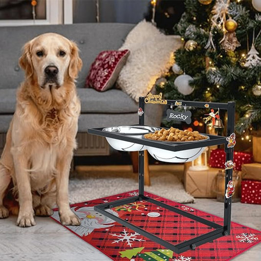 SHAINFUN Christmas Elevated Dog Bowls for Large Breeds with Mat, Adjustable Height, Tall Raised Dog Food Water Bowl Stand Gift for Dogs