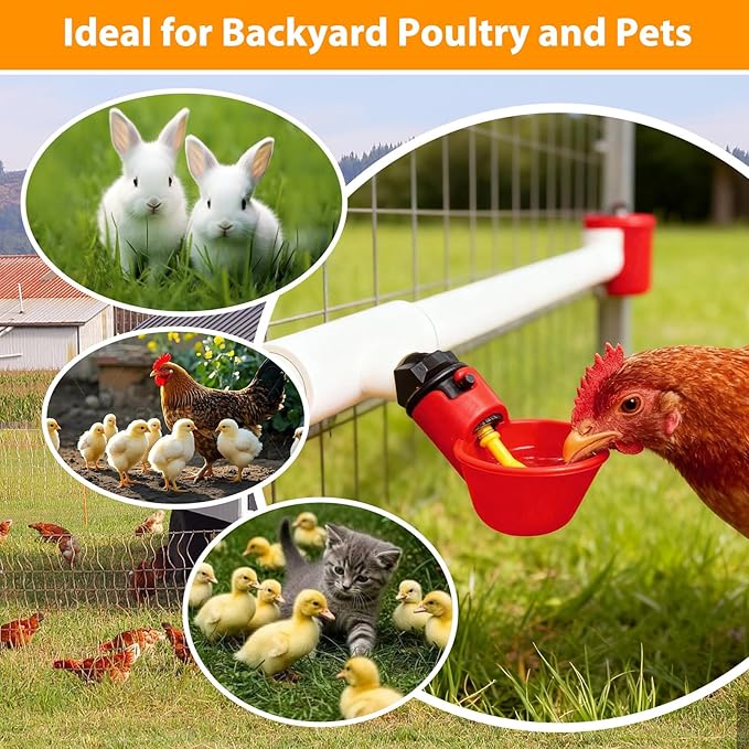 Chicken Waterer Cups, Pack of 6 Chicken Waterer PVC Tee Fittings, with 1/8 Inch FTP Threads, Automatic Chicken Water Cups for Chicken Ducks Quail