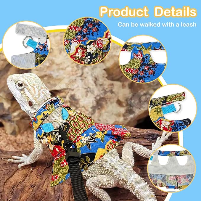Lizard Harness Dress and Leash, Adjustable Hamster Ferret Harness and Leash Set, No-Pull Walking Vest for Lizard Small Animal Gecko Chameleon (flowercolor S