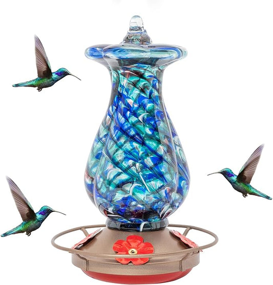 MEKKAPRO Hummingbird Feeders for Outdoors Hanging Glass 20oz, Decorative Feeder with Blown Stained Waterdrop Glass Design for Outdoors and Backyard, Easy Fill with 4 Nectar Feeding Flowers (Blue)