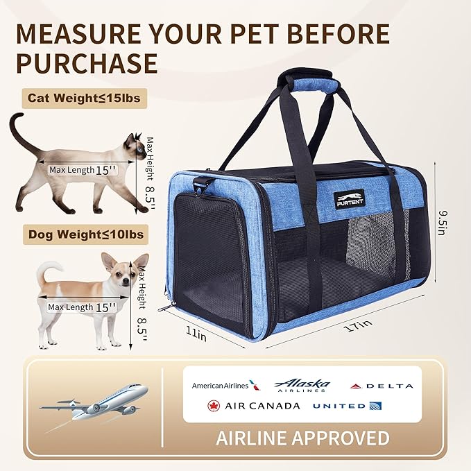 TSA Pet Carrier Airline Approved for Small Cats and Puppy, Cat Carrier Soft Fits Pets Up to 15 lbs, Dogs Carrier Bag with Litter Box Foldable, Ideal for Travel, Car Rides, and Vet Visits, Dark Blue