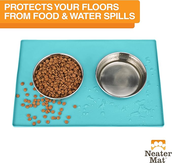 Neater Pet Brands Neater Mat Pet Mats for Food and Water, Cat & Dog Bowl Mat Waterproof Silicone, Feeding Tray, Dog Food Mats for Floors, Placemat w/Raised Edge for Under Bowls, 32" x 24", Aquamarine