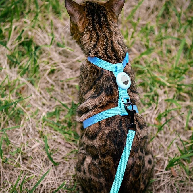Cat Harness and Leash Set with Airtag Holder for Walking & Travelling, Escape Proof Cat Harness for Small Medium Large Kitten, Adjustable Lightweight Soft Cat Vests (Blue)