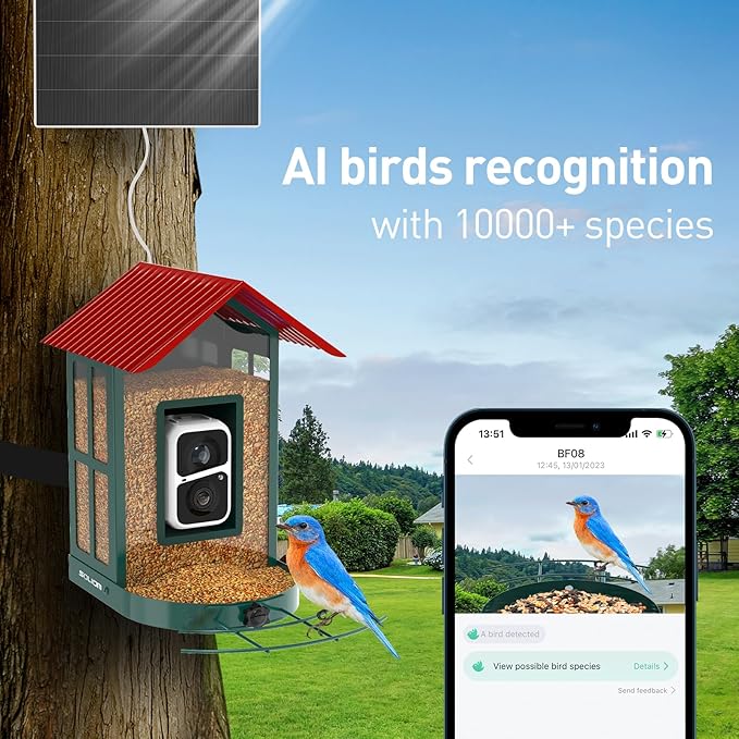 SOLIOM Solar Bird Feeder with Camera for Outdoors - Durable Metal AI Smart Birdhouse, 2K Live View & Instant Alerts, Squirrel Proof - Ideal Bird Watching Gift (Red)