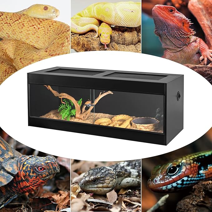 OIIBO 67 Gallon Reptile Original Wood Enclosure, 48"x18"x18" Large Reptile Terrarium with Double Hinge Sliding Doors and Top Screen Ventilation Reptiles Habitat Lounge Black