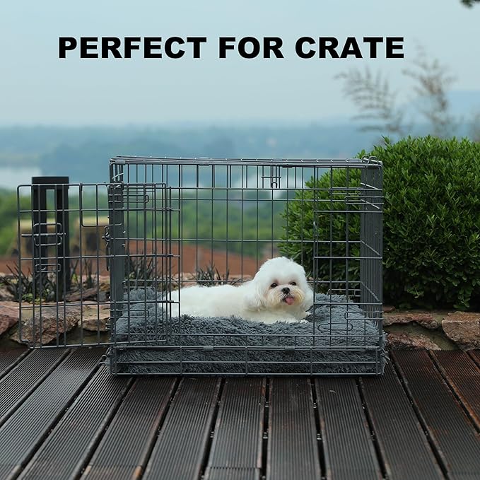 Bedfolks Waterproof Dog Crate Pad, Plush Dog Kennel Bed with Removable Cover, Faux Fur, Washable, 21"x13", Dark Grey