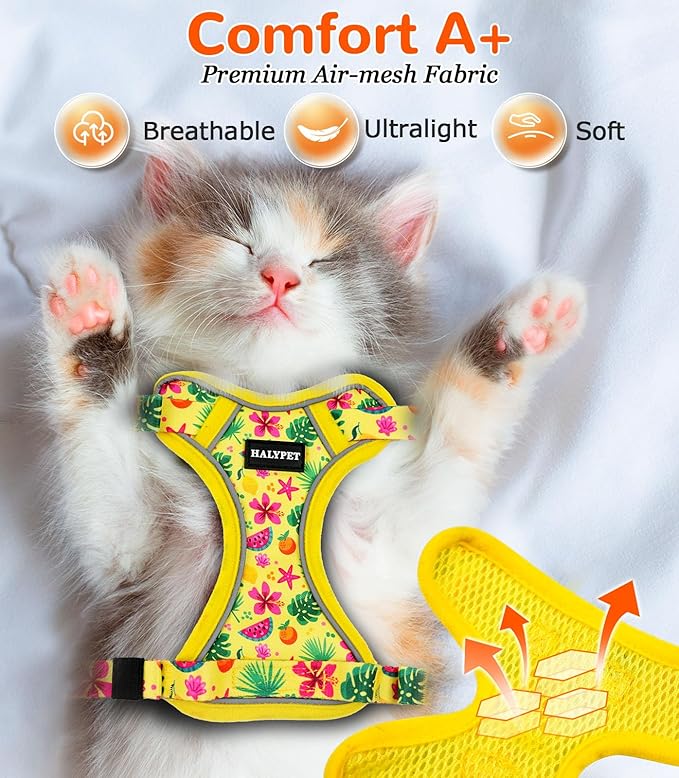 Halypet Cat Harness and Leash Set for Walking, Escape Proof Adjustable Vest Harness with 3-in-1 Integrated Buckles, Easy Control Soft Breathable Mesh with Reflective Strips for Cats, M, Bright Yellow