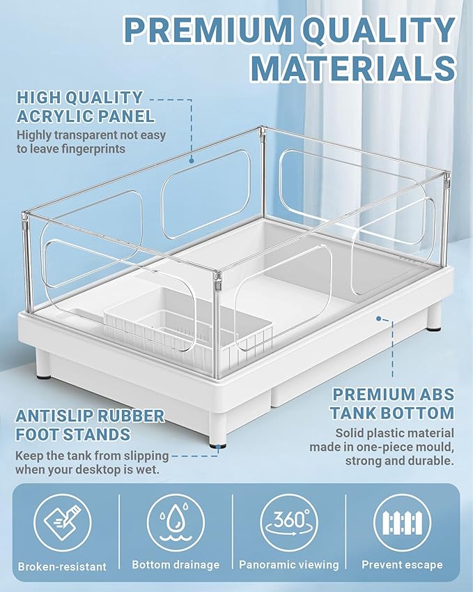 GOZILLA Small Turtle Tank Kit(Tank+Lamp+Filter), Acrylic Turtle Starter Kit with Adjustable Lamp, Reptile Habitat and Terrarium with Multi-Functional Areas for Small Reptiles. (White Kit)