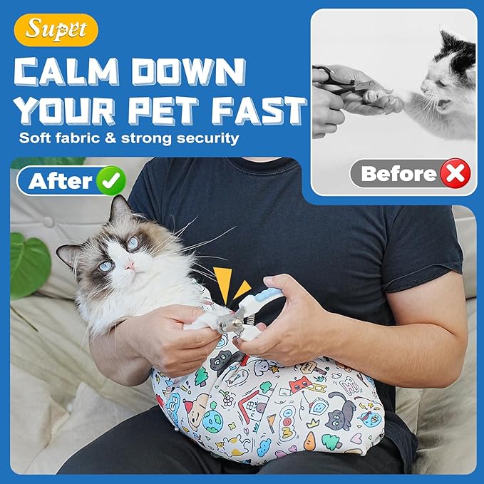 Supet Cat Grooming Wrap for Cutting Nails, 2025 Self-Adherent Cat Wrap, Anti-Escape Calming Cat Swaddle Wrap for Medicine, Nail Clipping, Teeth Brushing, Ear Cleaning (Cartoon, M)