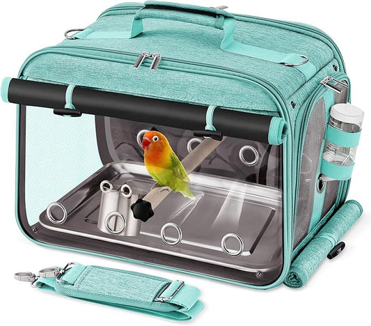 Suertree Bird Carrier Airline Approved, Bird Travel Cage with Indestructible Stainless Steel Mesh, Bird Travel Bag Lightweight and Portable with Water Bottle and Bowl
