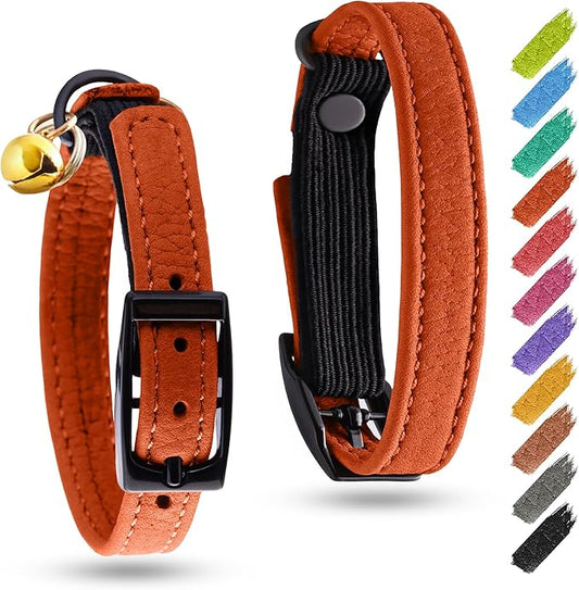 Leather Cat Collar with Bell and Safety Elastic Strap Breakaway Alternative for Small & Large Kittens, Stylish Pet Leather Collar for Boy, Girl Cats with Metal Buckle & QR ID Tag (Orange)