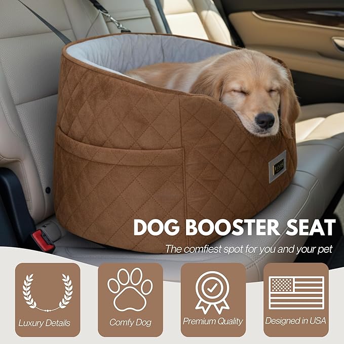 Premium 2-in-1 Dog Car Seat & Home Bed for Small Dogs – Premium Travel Pet Bed with Safety Straps, Stylish Design, Soft Plush Cushion & Secure Portable Comfort – Under 30lbs (Brown)