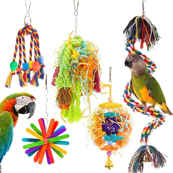 RLRICH 5PACK Colorful Shredder Bird Foraging & Hanging Toys, Comfy Perch Parrot Toy for Rope Bungee