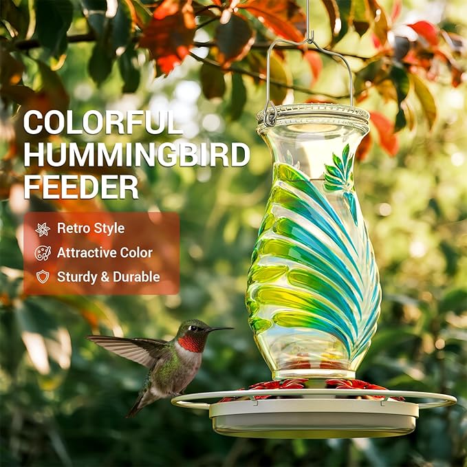 Hummingbird Feeder for Outdoors, 24oz Glass Nectar Feeder with Perch & 5 Flower Feeding Ports, Leakproof Hanging Bird Feeder for Garden Yard Decor, Outside Gifts for Women & Mom, Sky Blue