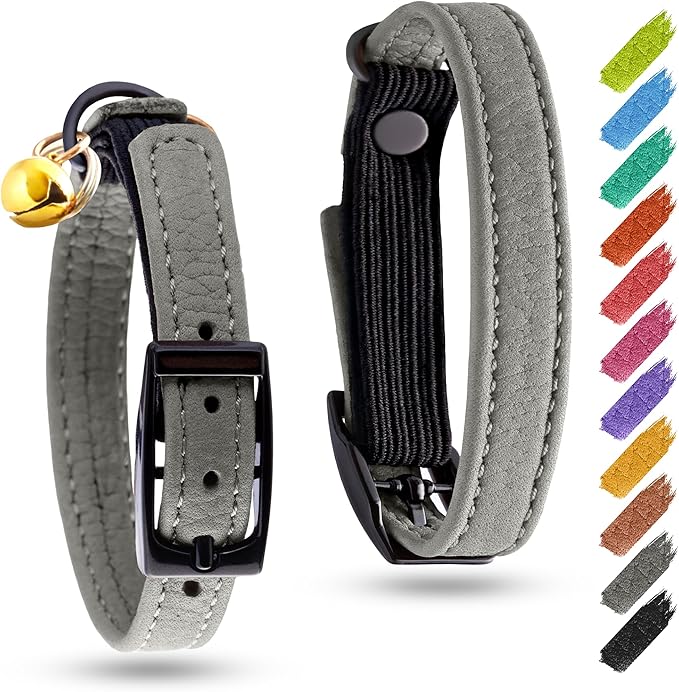 Leather Cat Collar with Bell and Safety Elastic Strap Breakaway Alternative for Small & Large Kittens, Stylish Pet Leather Collar for Boy, Girl Cats with Metal Buckle & QR ID Tag (Gray)