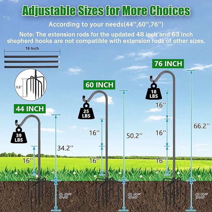FEED GARDEN [Upgrade Version Adjustable Shepherds Hook Bird Feeder Pole with 7 Prongs Base, 76 Inch Tall Heavy Duty Outdoor Garden Poles for Hanging Bird Feeders, Plant Baskets, Black (1 Pack)