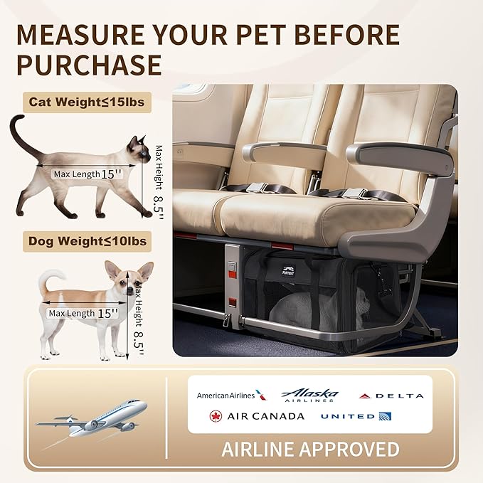 TSA Approved Pet Carrier in Cabin with Foldable Litter Box for Kittens and Small Dogs Fits Pets Up to 15 lbs, Animal Rabbit Puppy Soft Pet Carrier Portable Airline Approved, Travel for Comfort, Black