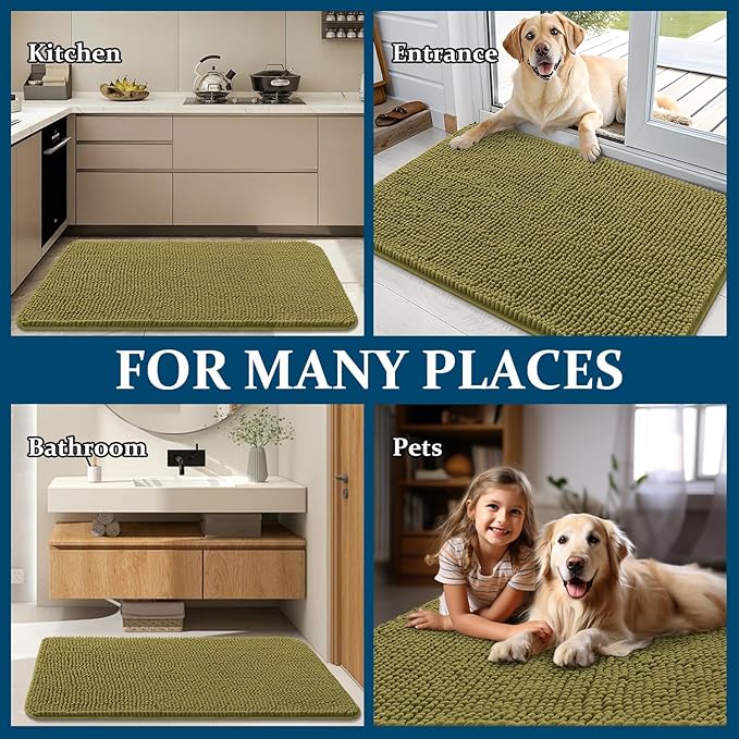 OLANLY Dog Door Mat for Muddy Paws 30x20, Absorbs Moisture and Dirt, Absorbent Non-Slip Washable Doormat, Quick Dry Chenille Mud Mat, Entry Indoor Entryway Carpet for Inside Floor, Willow Green