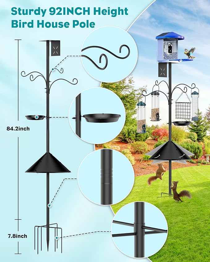 Bird Feeder Pole 92 Inch, Bird Squirrel Proof Baffle Heavy Duty Stand Feeding Station for Outside Backyard Garden Wild Birds Watching