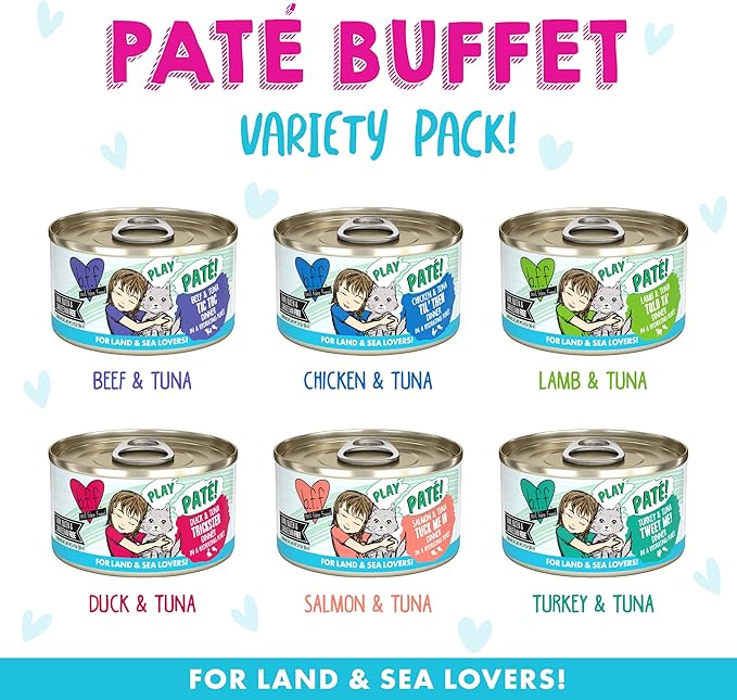 Weruva B.F.F. Play - Best Feline Friend Paté Lovers, Aw Yeah!, Play Paté Buffet Variety Pack, 2.8oz Can (Pack of 18)