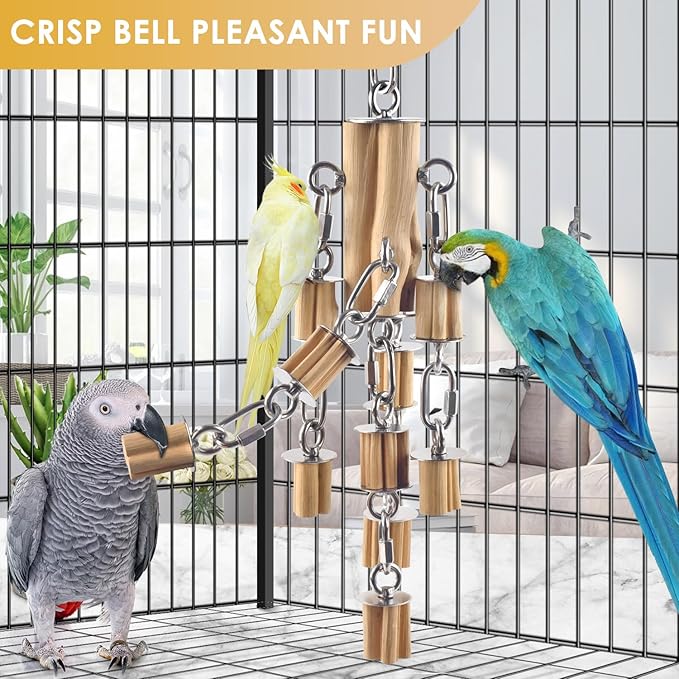 KATUMO Parrot Toys for Large Birds with Detachable Parts, 304 Stainless Steel and Natural Hardwood Chew Toy for Macaw, Cockatoo, African Greys, Medium to Large Parrots, Safe and Durable