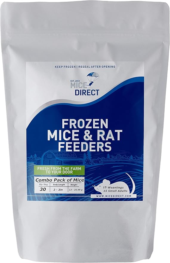MiceDirect Frozen Mice Combo Pack of 30 Weanling & Small Adult Feeder Mice – 15 Weanlings & 15 Small Adults - Food for Corn Snakes, Ball Pythons, & Pet Reptiles - Snake Feed Supplies