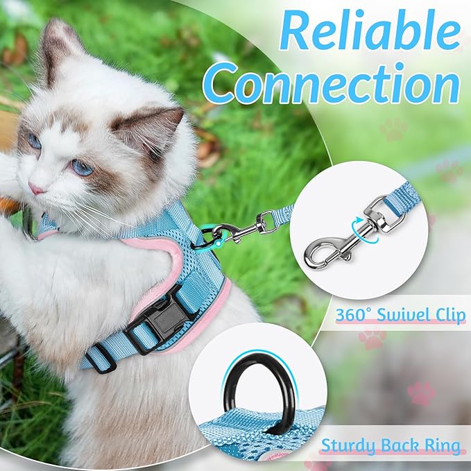 rabbitgoo Cat Harness and Leash for Walking, Escape Proof Soft Adjustable Vest Harnesses for Cats, Easy Control Breathable Reflective Strips Jacket, Light Blue&Pink, M