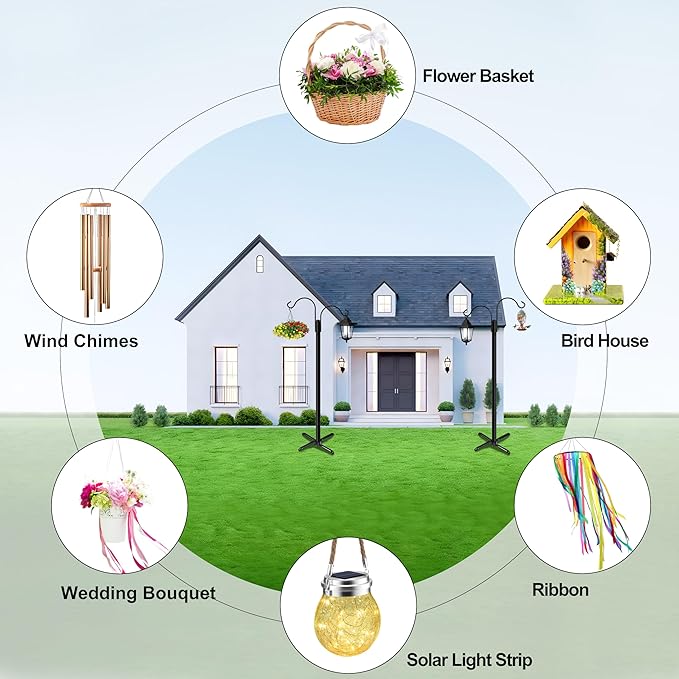 Ottsuls Bird Feeder Pole, 2 Pack 76 INCH Double Shepherds Hooks for Outdoor, Garden Pole with 5 Base Prongs Heavy Duty Planter Hooks for Hanging Plant Baskets, Lantern, Hummingbird Feeder