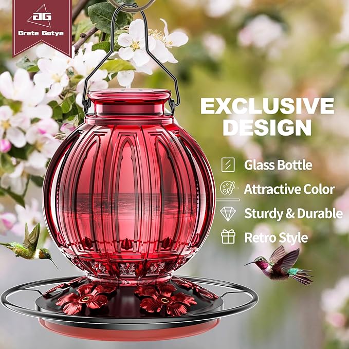 Glass Hummingbird Feeder for Outdoors Hanging, 26Oz Bird Nectar Feeder with Perch & 5 Flower Feeding Ports, Leak Proof for Outside Garden Decor Backyard, Gifts for Women Mom, Red