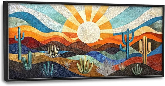 Extra Large Framed Abstract Boho Desert Wall Art, Sun Cactus Landscape Wall Decor Pictures for Living Room,Cacti Canvas Print Painting Modern Artwork Bedroom Office Bathroom Home Decor 60L x 30W