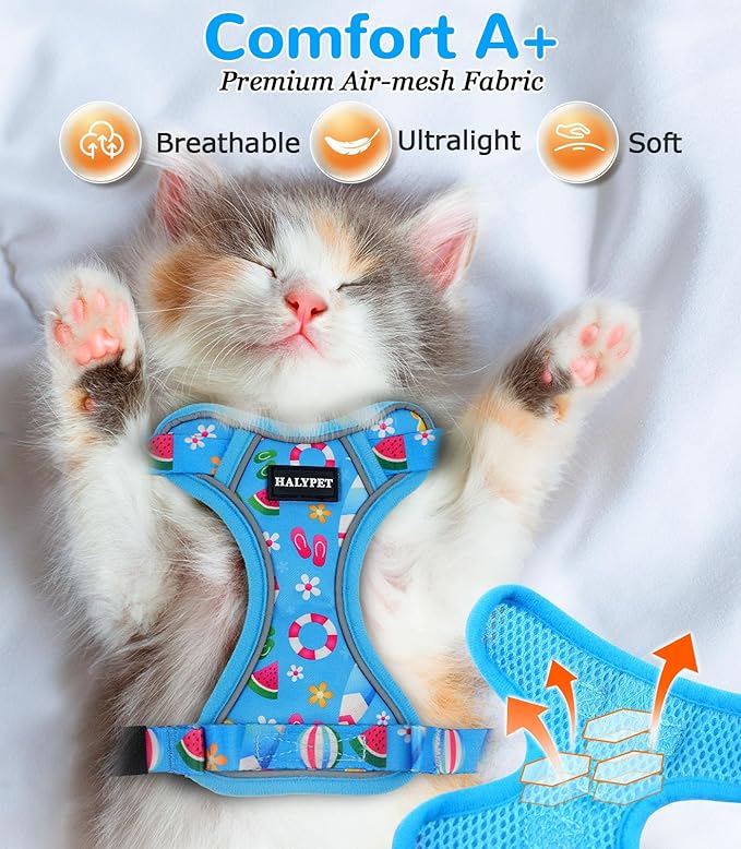 Halypet Cat Harness and Leash Set for Walking, Escape Proof Adjustable Vest Harness with 3-in-1 Integrated Buckles, Easy Control Soft Breathable Mesh with Reflective Strips for Cats, XS, Ocean Blue