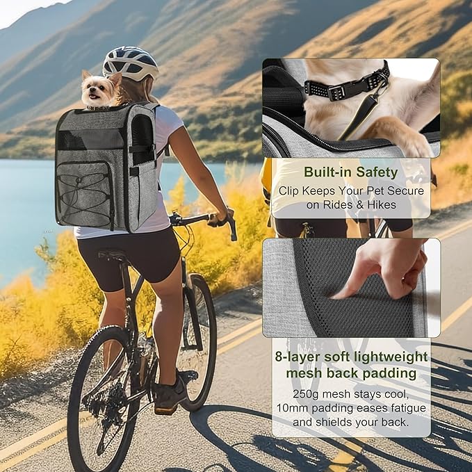Dog Carrier Backpack for Small Dogs - Breathable Mesh Hiking Bag with Safety Buckle, Adjustable Straps and Elevated Pad - Durable for Hiking (Fits Small Cats Too, Up to 17lbs, Gray)