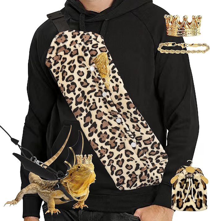Bearded Dragon Leash and Harness Set, Beardie Carrier, Lizard Adjustable Harness with Leather Wings and Sling Bag, Reptile Small Pet Backpack Batwing Accessories (Leopard Pattern with Crown)